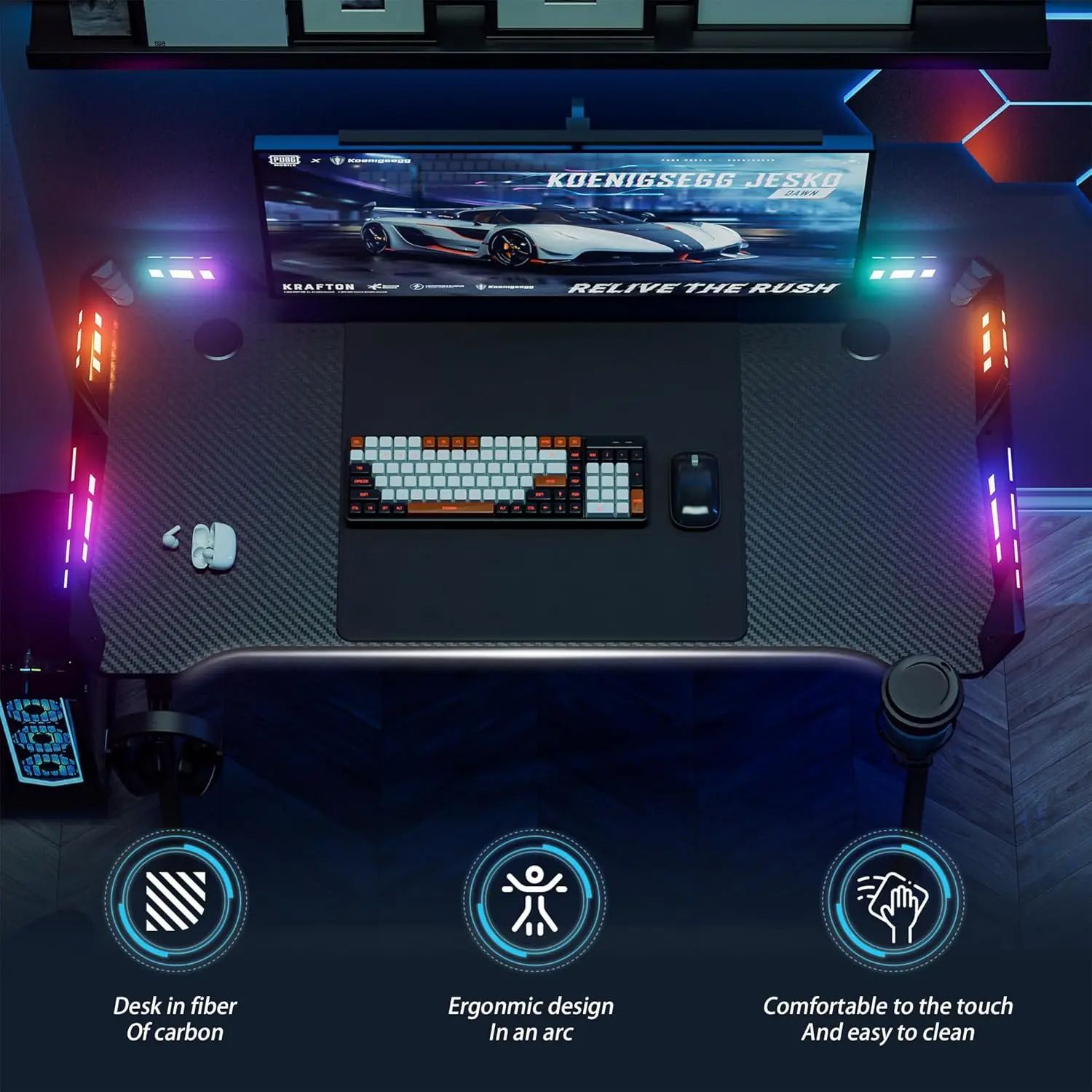 Mesa de juego de 160 x 60 cm con estructura en M, soporte para bebidas y gancho para auriculares, ergonómica, para PC, con capacidad de carga de hasta 100 kg, para oficina