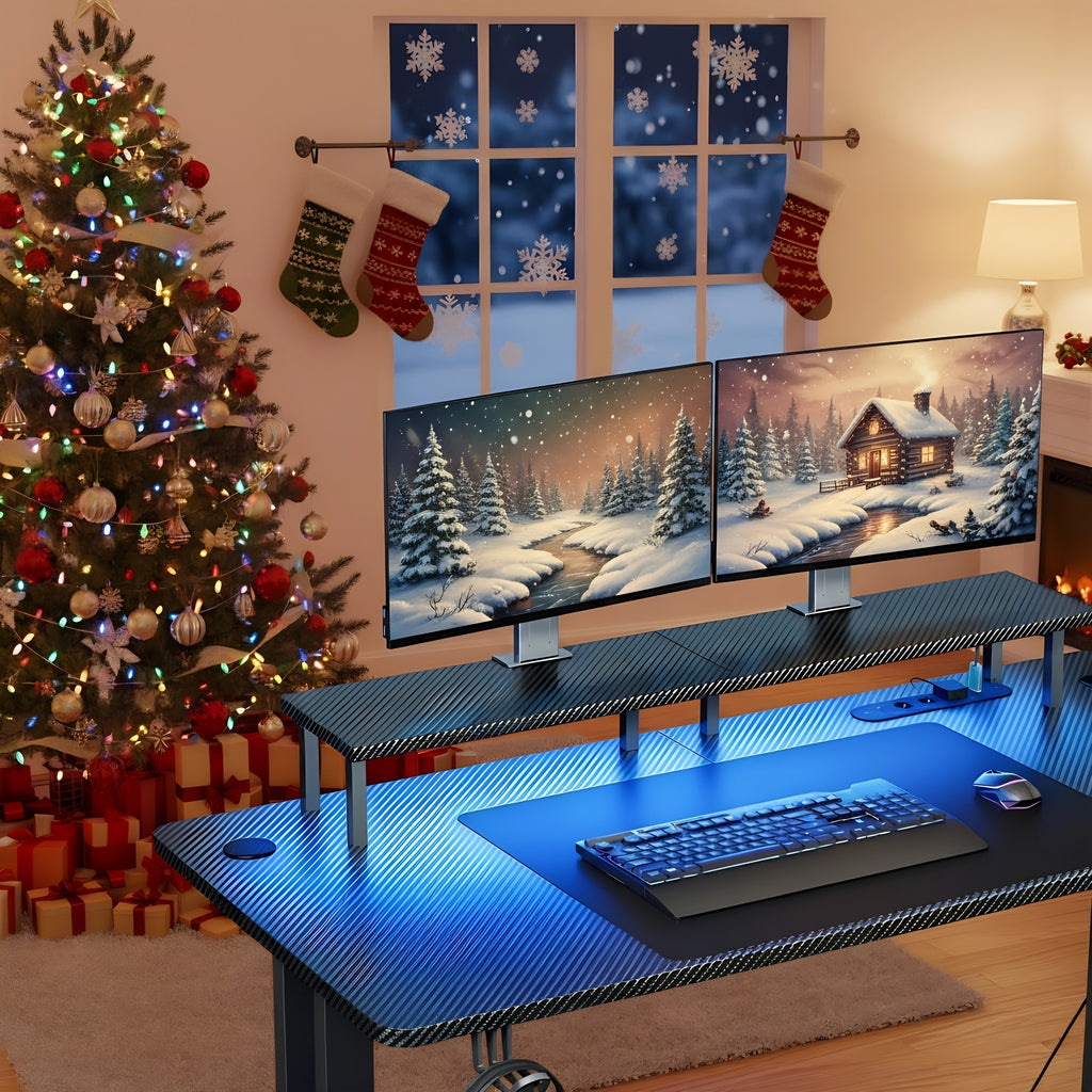 Escritorio gaming VIVENTA de fibra de carbono de 119,38 cm | Estación de trabajo gamer todo en uno con soporte para monitor, gancho para auriculares, portavasos y colgador para mando, escritorio ergonómico español para oficina en casa - Negro