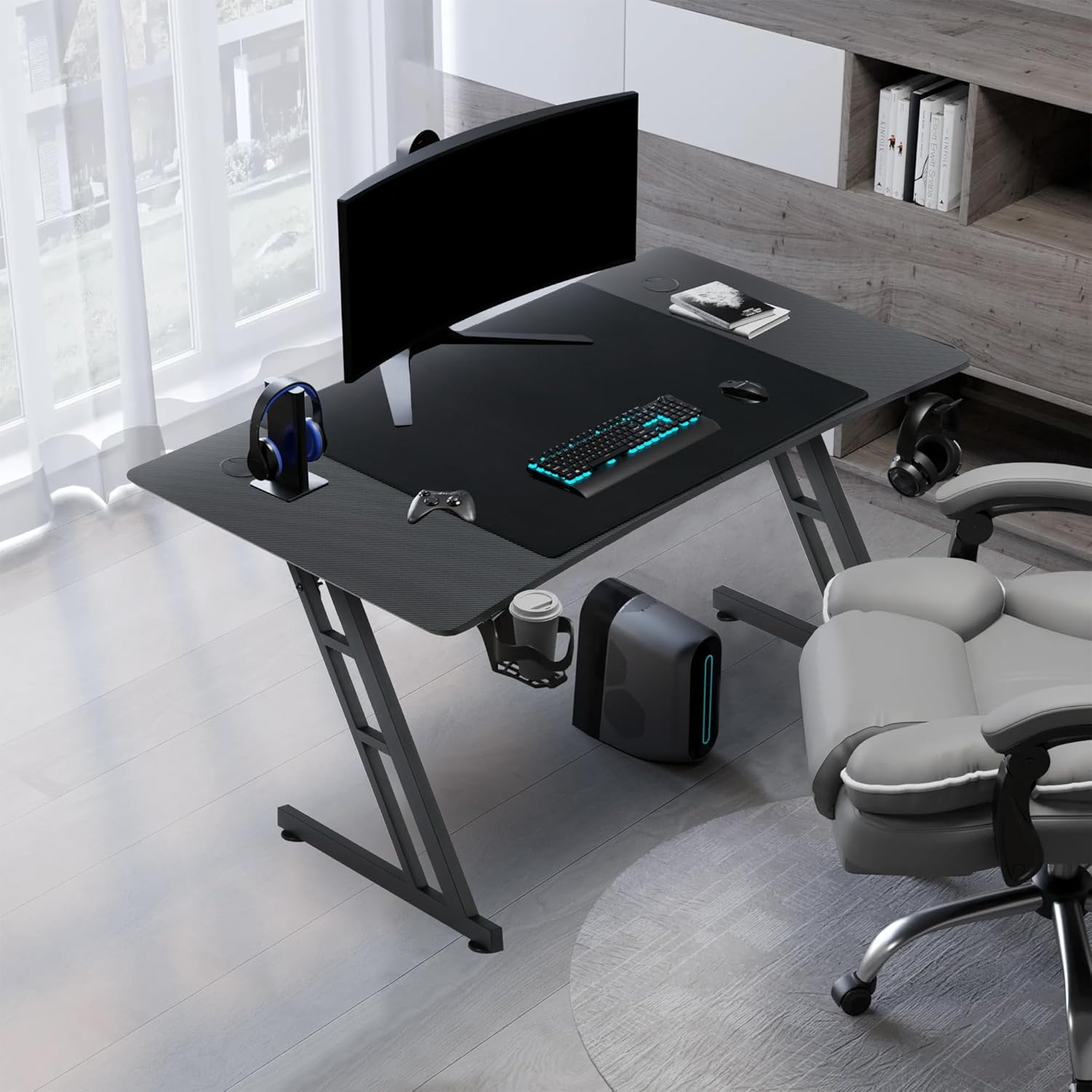 Multi-Size Office PC Desk (120/140/160cm) with LED Lighting, Black Carbon Fibre Surface, 150kg Capacity, Z-Frame for Gaming & Work, Professional Workspace, Study Table, Contemporary Furniture, Sleek Workstation, Premium Surfa