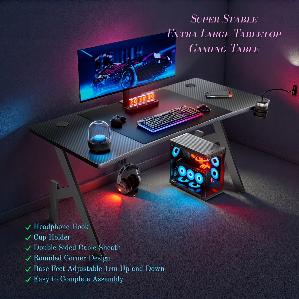 47-inch Large Gaming Desk with Cable Management System, Ergonomic Carbon Fiber Surface, Cup Holder, Headphone Hook & Mouse Pad - Heavy-Duty Metal Frame & Wood Back, Spacious Workstation for Home Office, PC Gaming, Esports Set