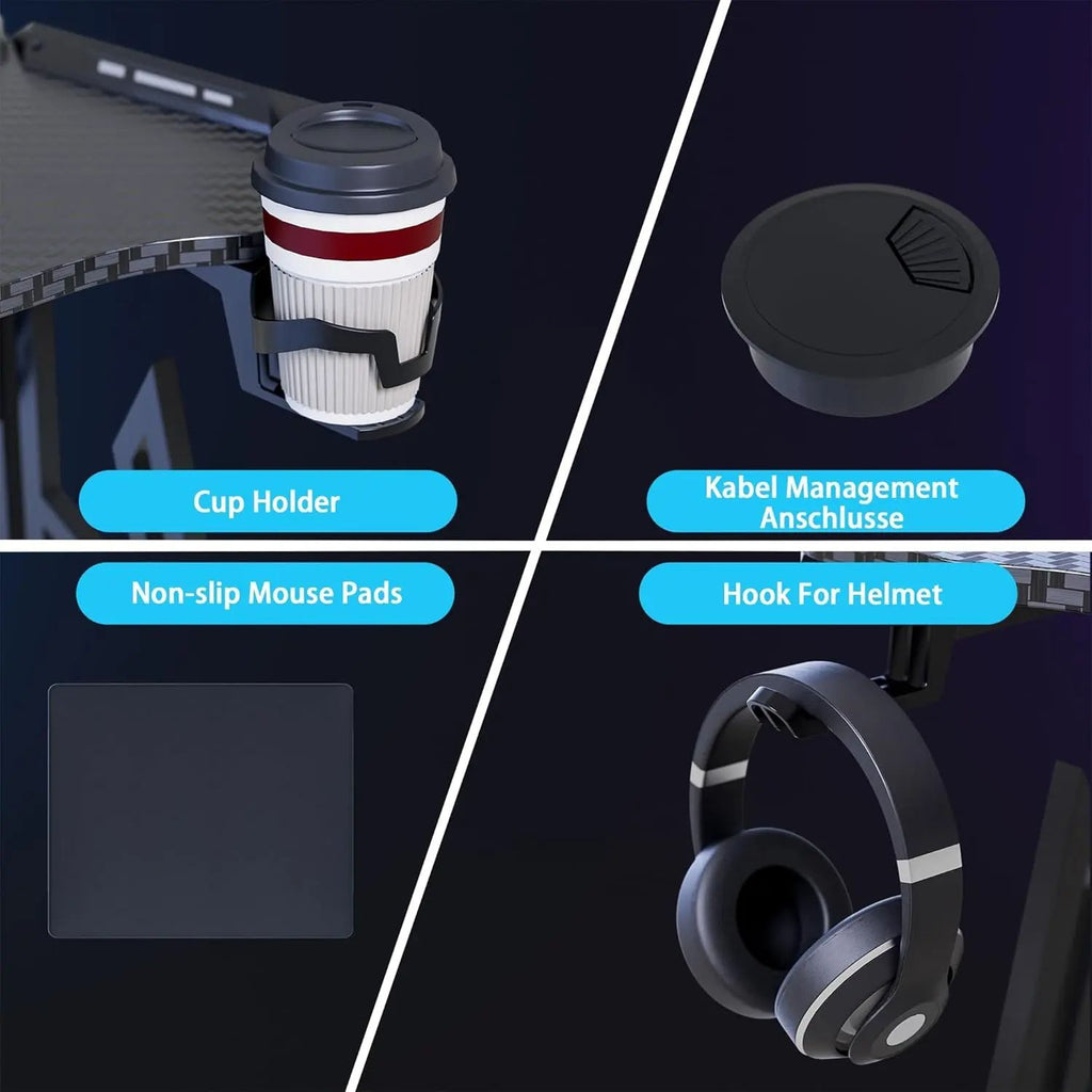 Mesa de juego de 160 x 60 cm con estructura en M, soporte para bebidas y gancho para auriculares, ergonómica, para PC, con capacidad de carga de hasta 100 kg, para oficina