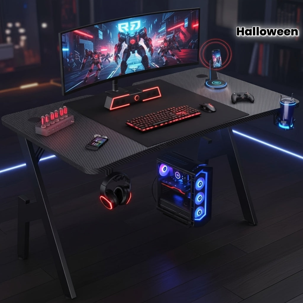 Gaming Table, Ergonomic Carbon Fiber Gamer Table, 120/140cm Computer Table with Cup Holder And Headphone Hook, Office Desk for Study, Gaming And Work, Black, Holiday Gifts, Halloween Gift