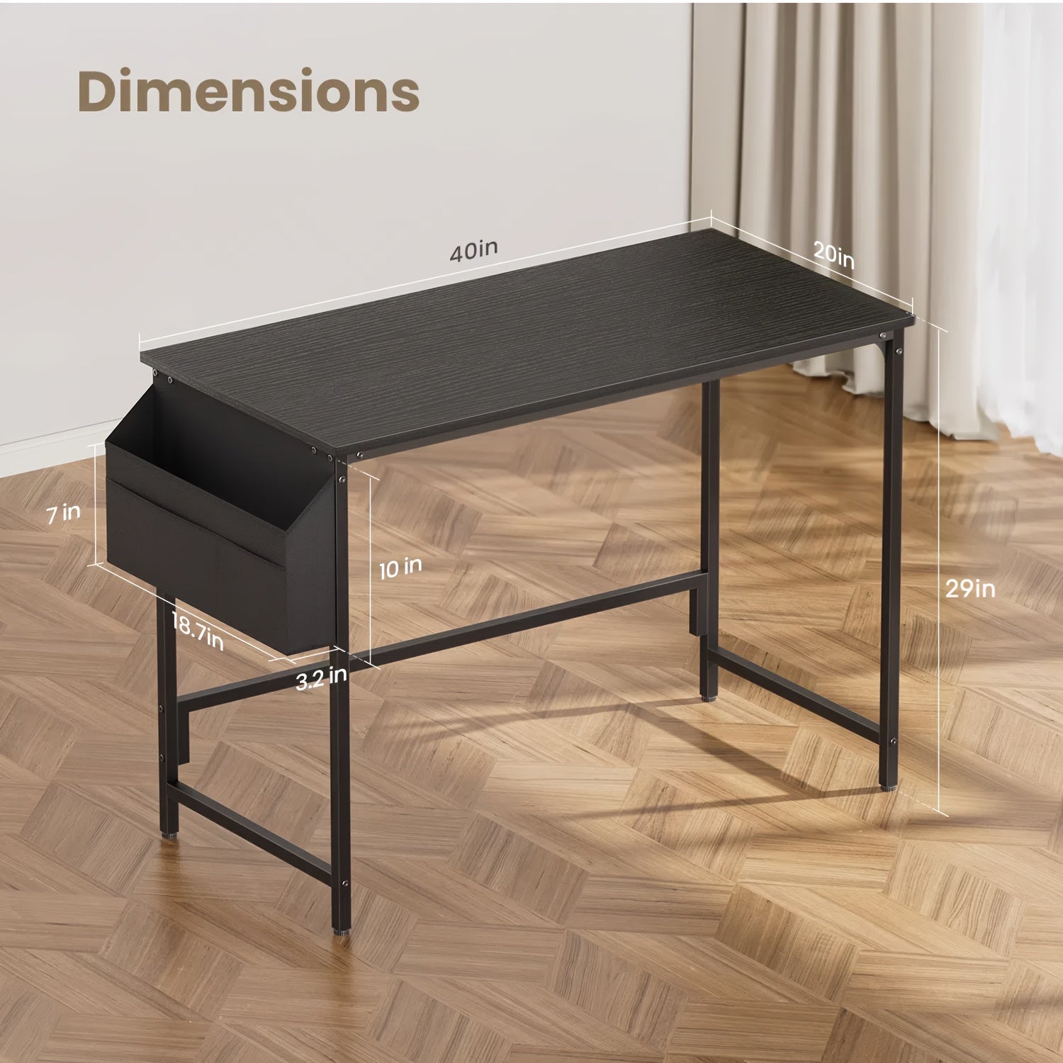 Escritorio de computadora moderno y compacto de 32/40 pulgadas con reposapiés ajustables y bolsa de almacenamiento. Estación de trabajo independiente de madera, acabado pulido, compacto para el hogar y la oficina.