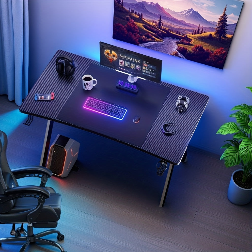 Gaming Table, Ergonomic Carbon Fiber Gamer Table, 120/140cm Computer Table with Cup Holder And Headphone Hook, Office Desk for Study, Gaming And Work, Black, Holiday Gifts, Halloween Gift