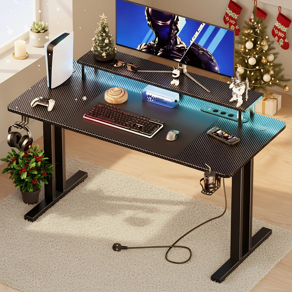 Escritorio gaming VIVENTA de fibra de carbono de 119,38 cm | Estación de trabajo gamer todo en uno con soporte para monitor, gancho para auriculares, portavasos y colgador para mando, escritorio ergonómico español para oficina en casa - Negro