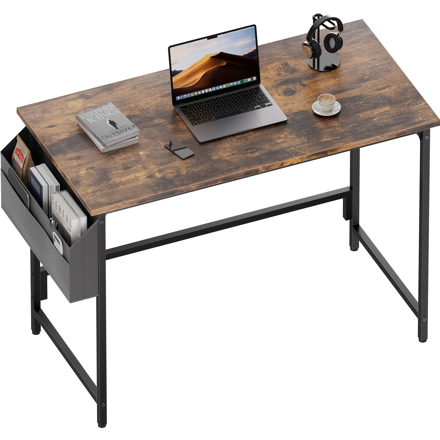 Escritorio de computadora moderno y compacto de 32/40 pulgadas con reposapiés ajustables y bolsa de almacenamiento. Estación de trabajo independiente de madera, acabado pulido, compacto para el hogar y la oficina.