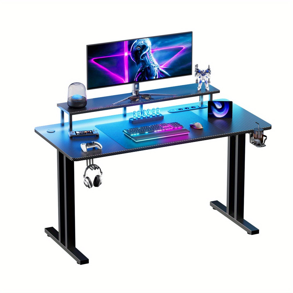 Escritorio gaming VIVENTA de fibra de carbono de 119,38 cm | Estación de trabajo gamer todo en uno con soporte para monitor, gancho para auriculares, portavasos y colgador para mando, escritorio ergonómico español para oficina en casa - Negro