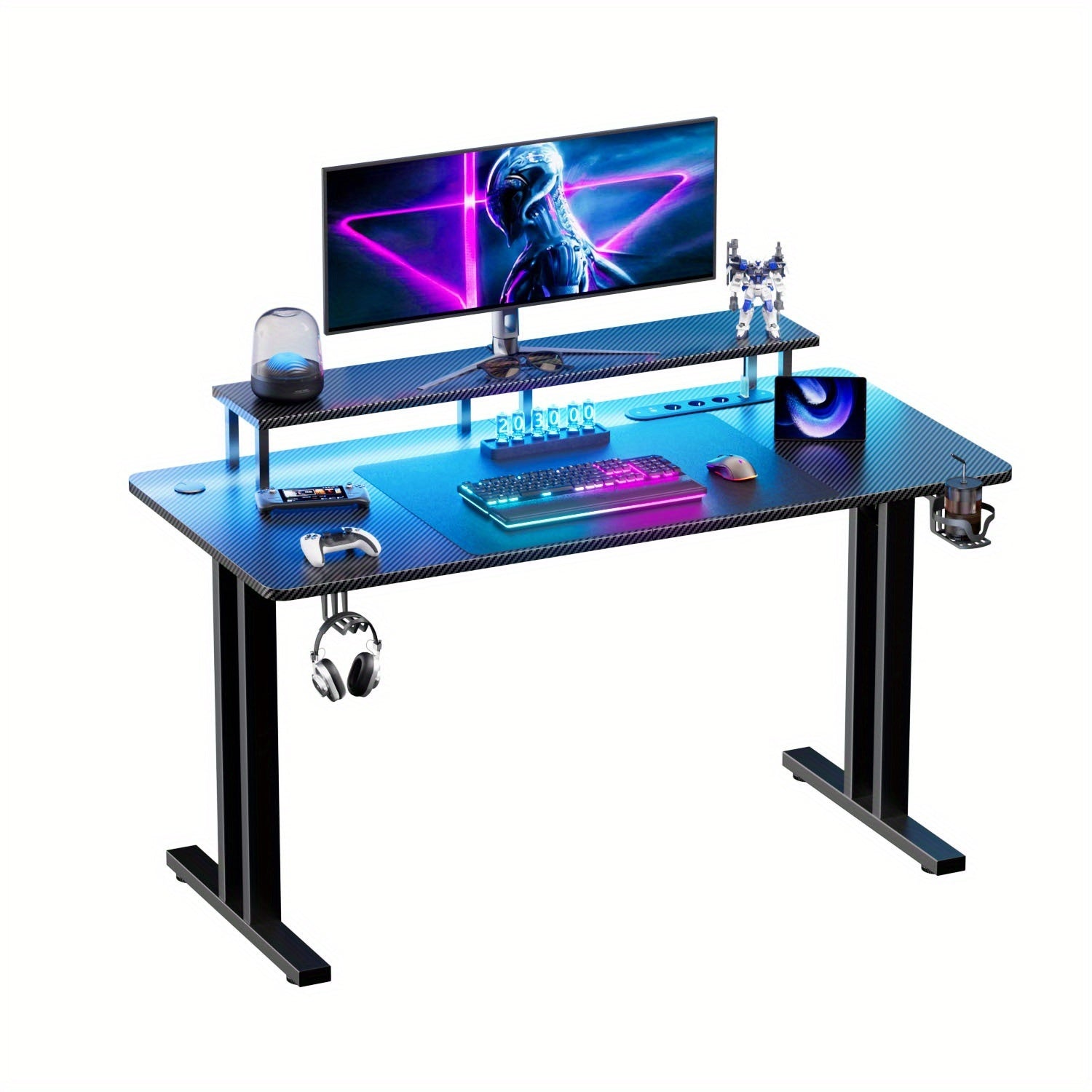 Escritorio gaming VIVENTA de fibra de carbono de 119,38 cm | Estación de trabajo gamer todo en uno con soporte para monitor, gancho para auriculares, portavasos y colgador para mando, escritorio ergonómico español para oficina en casa - Negro