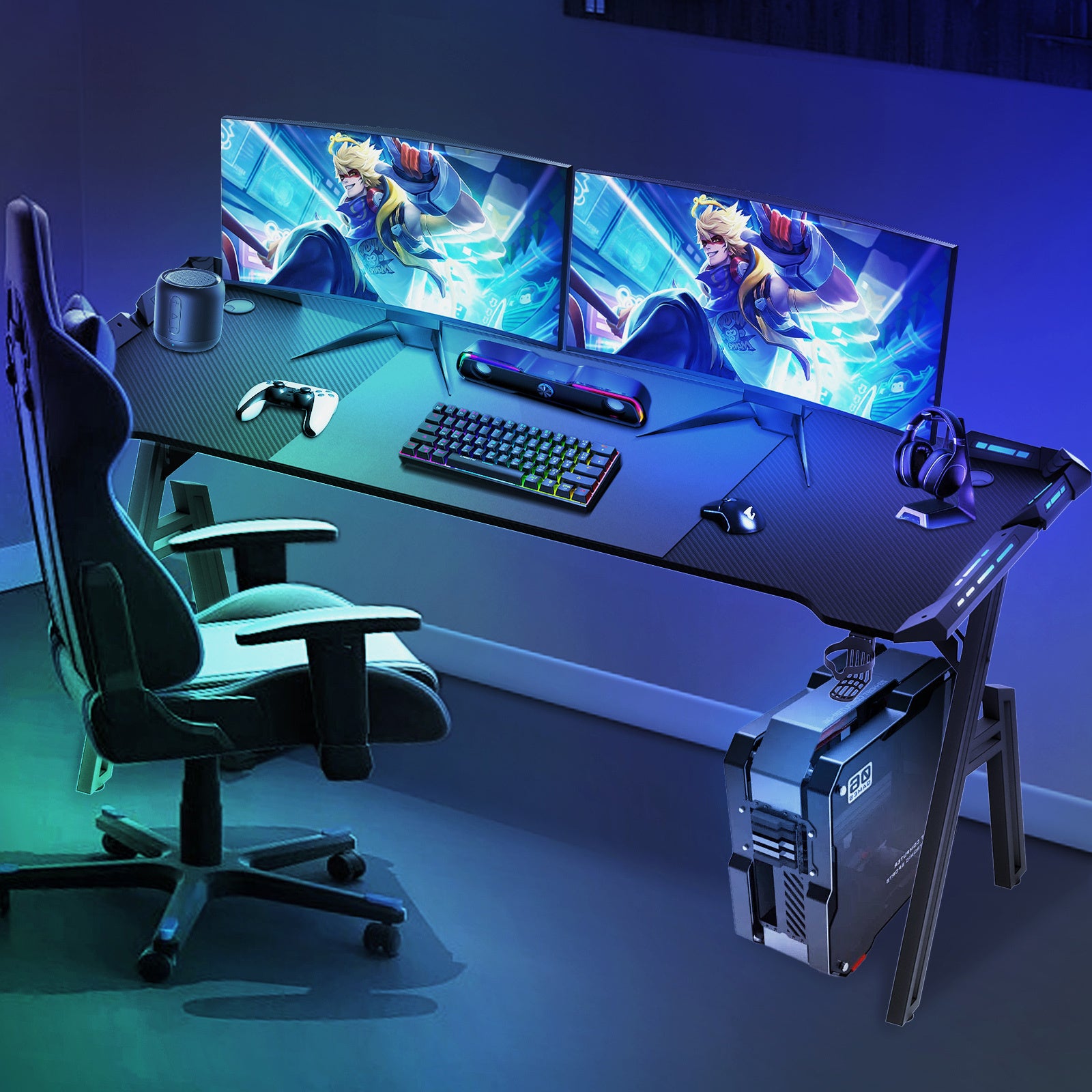 BayernLive Gaming Desk - Large Computer Desk with Carbon Fiber-like top, Heavy-Duty A-Frame Legs, Ergonomic Height Adjustment, Cable Management System, Cup Holder & Headphone slot - Available in 3 Sizes (120x60/140x60/160x60)