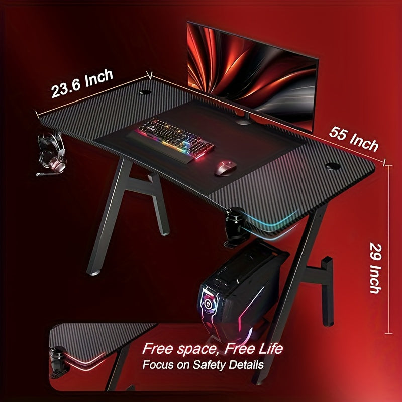 47-inch Large Gaming Desk with Cable Management System, Ergonomic Carbon Fiber Surface, Cup Holder, Headphone Hook & Mouse Pad - Heavy-Duty Metal Frame & Wood Back, Spacious Workstation for Home Office, PC Gaming, Esports Set