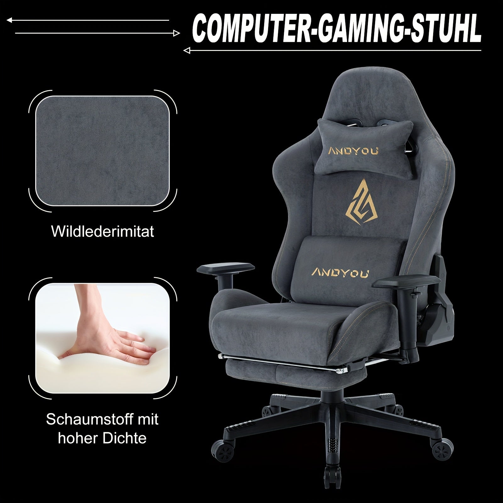 Silla Gaming ANDYOU | Silla de oficina transpirable con tela suave de piel sintética de alta calidad | Silla ergonómica ajustable para PC con reposapiés, regalo de Navidad perfecto para jugadores y usuarios de oficina en casa.