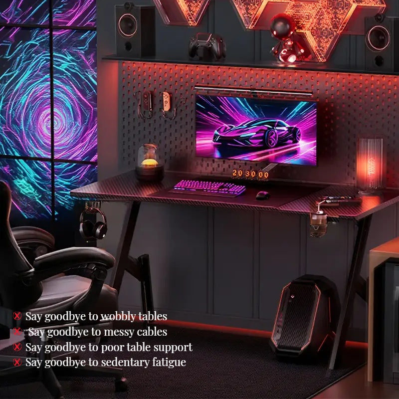 47-inch Large Gaming Desk with Cable Management System, Ergonomic Carbon Fiber Surface, Cup Holder, Headphone Hook & Mouse Pad - Heavy-Duty Metal Frame & Wood Back, Spacious Workstation for Home Office, PC Gaming, Esports Set