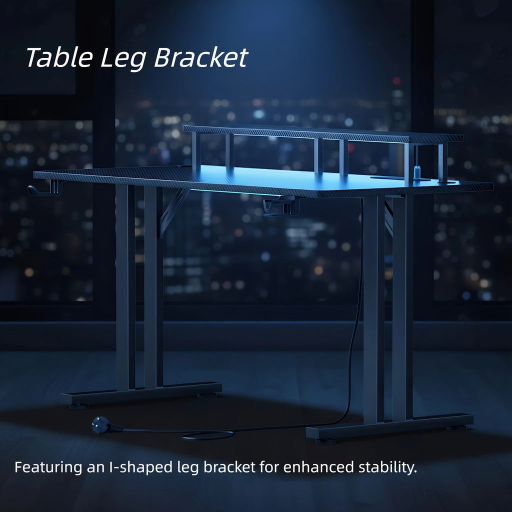 RGB LED Gaming Desk with Power Outlets And Monitor Stand, Ergonomic Computer Gaming Workstation, Large Carbon Fibre Tabletop Home Office Desk with Cup Holder And Headphone Hook, Black, Workstation Setup, Ergonomic Workspace,