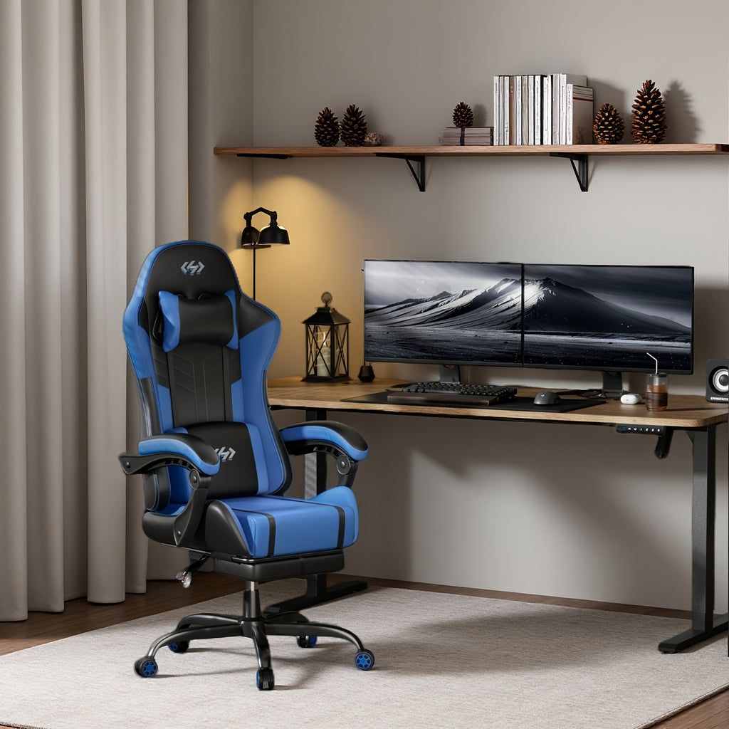 Silla ergonómica para juegos, silla de oficina con reposacabezas y soporte lumbar de masaje. La silla Racing cuenta con ángulo de reclinación ajustable y reposapiés. Fabricada en cuero sintético PU duradero. El mejor regalo para papá y novio.