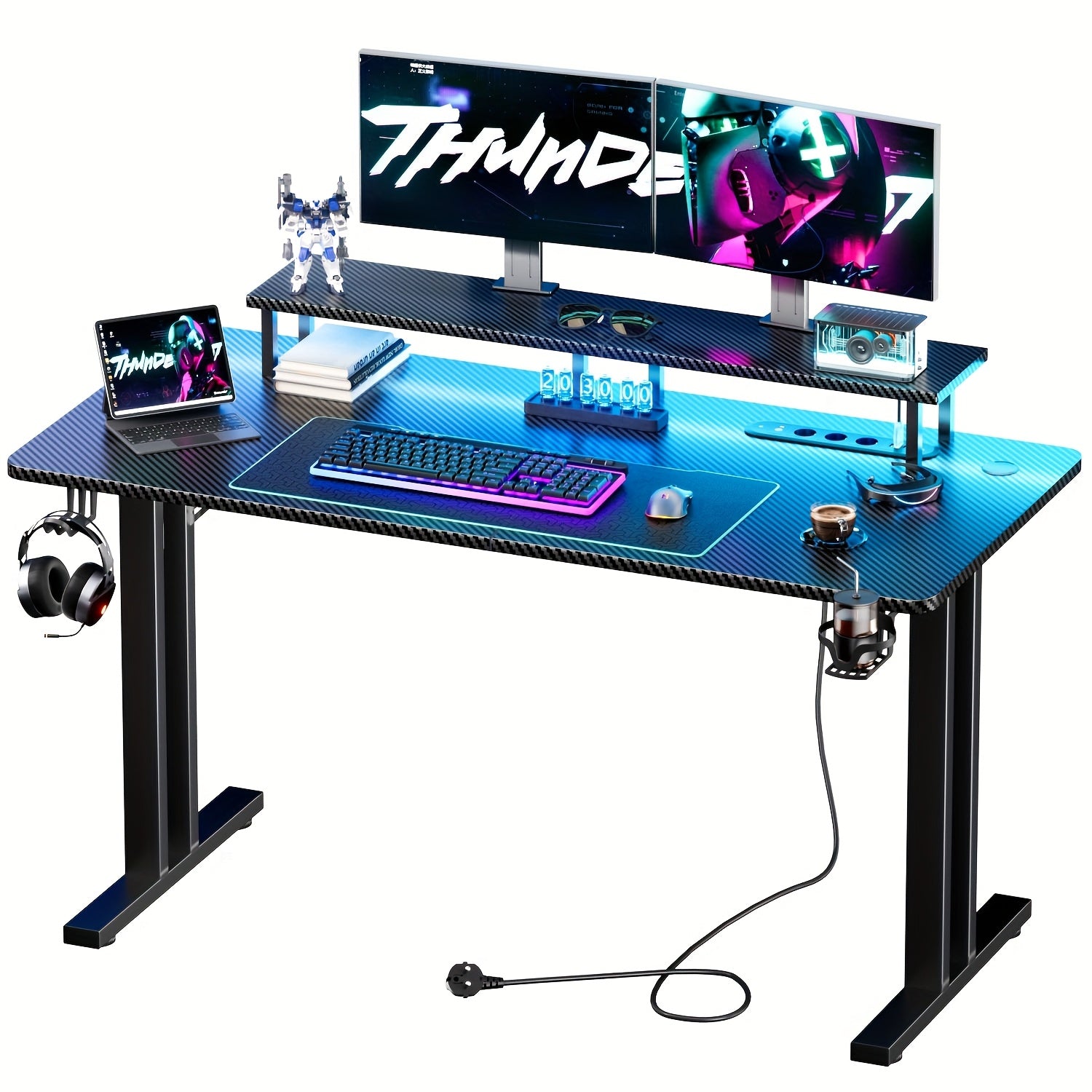 RGB LED Gaming Desk with Power Outlets And Monitor Stand, Ergonomic Computer Gaming Workstation, Large Carbon Fibre Tabletop Home Office Desk with Cup Holder And Headphone Hook, Black, Workstation Setup, Ergonomic Workspace,