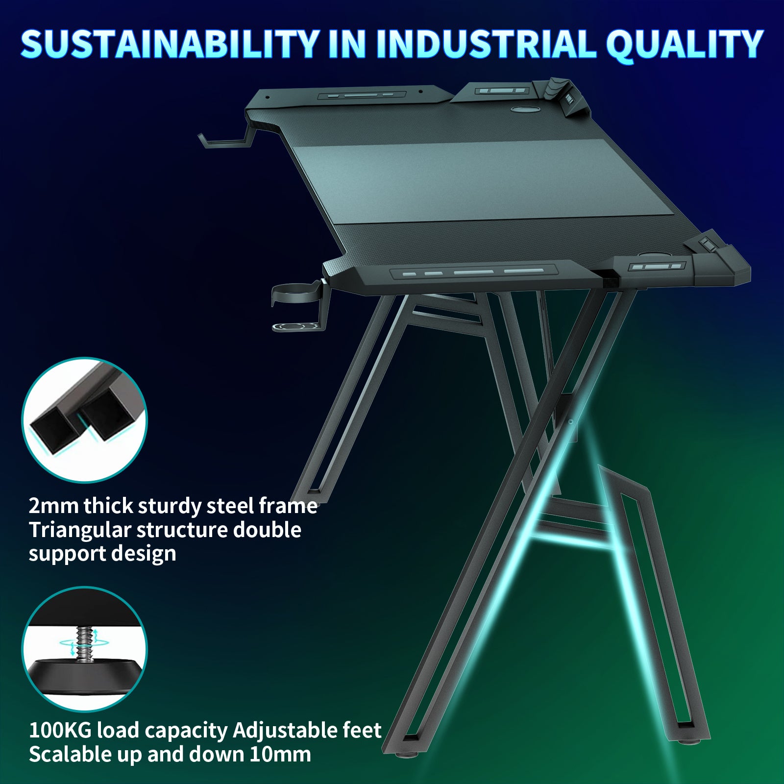 BayernLive Gaming Desk - Large Computer Desk with Carbon Fiber-like top, Heavy-Duty A-Frame Legs, Ergonomic Height Adjustment, Cable Management System, Cup Holder & Headphone slot - Available in 3 Sizes (120x60/140x60/160x60)