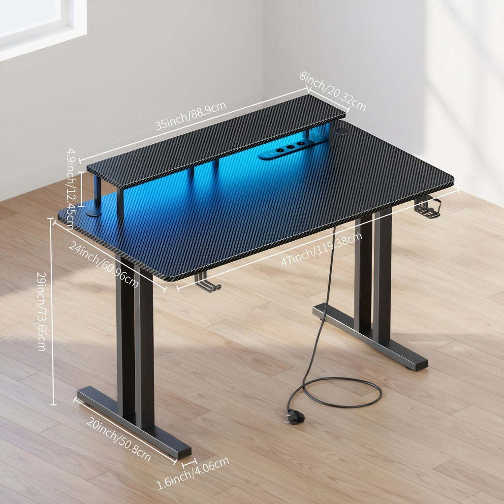 Escritorio gaming VIVENTA de fibra de carbono de 119,38 cm | Estación de trabajo gamer todo en uno con soporte para monitor, gancho para auriculares, portavasos y colgador para mando, escritorio ergonómico español para oficina en casa - Negro