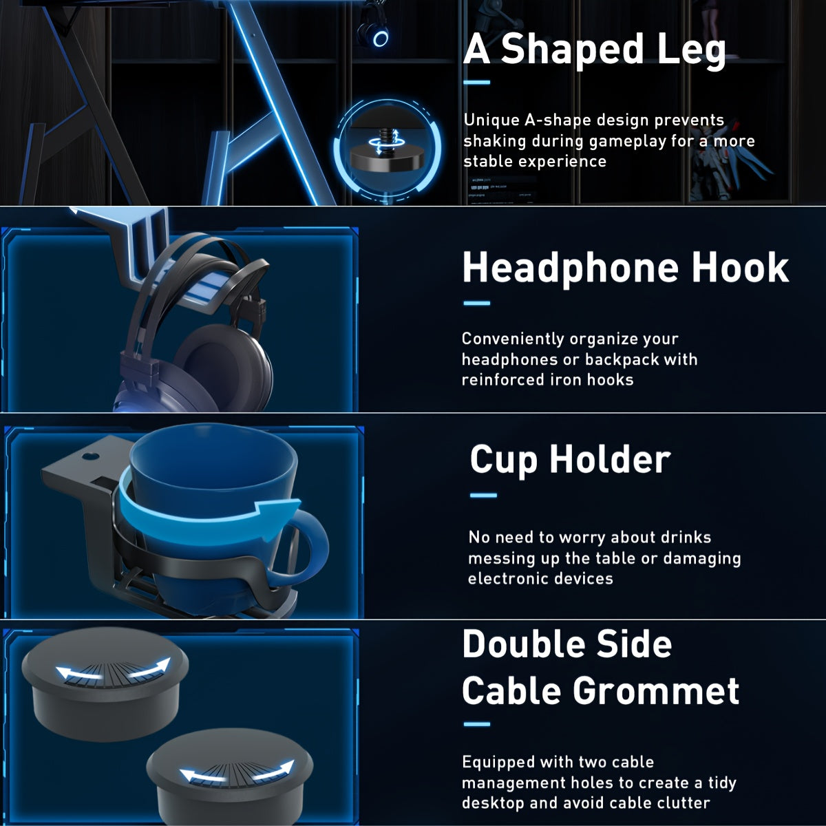 47-inch Large Gaming Desk with Cable Management System, Ergonomic Carbon Fiber Surface, Cup Holder, Headphone Hook & Mouse Pad - Heavy-Duty Metal Frame & Wood Back, Spacious Workstation for Home Office, PC Gaming, Esports Set