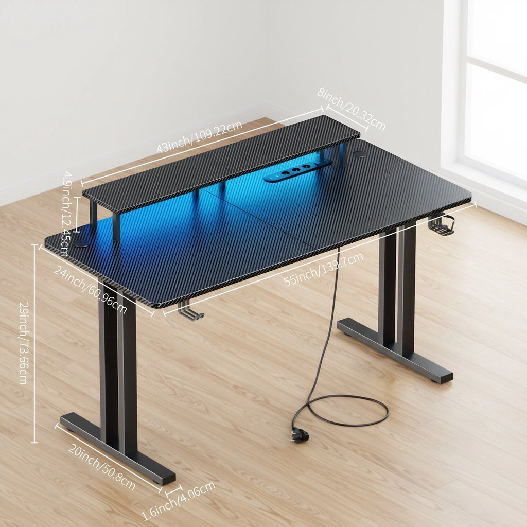 Escritorio gaming VIVENTA de fibra de carbono de 119,38 cm | Estación de trabajo gamer todo en uno con soporte para monitor, gancho para auriculares, portavasos y colgador para mando, escritorio ergonómico español para oficina en casa - Negro