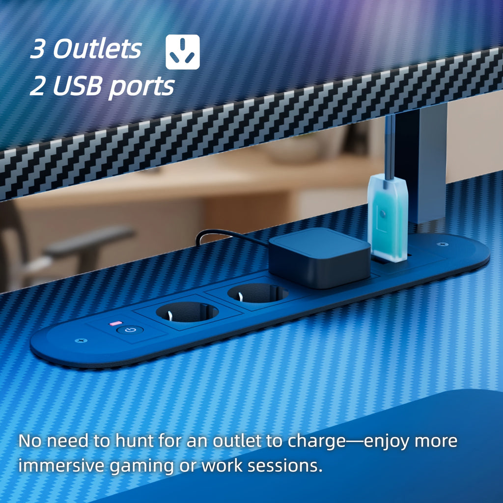 RGB LED Gaming Desk with Power Outlets And Monitor Stand, Ergonomic Computer Gaming Workstation, Large Carbon Fibre Tabletop Home Office Desk with Cup Holder And Headphone Hook, Black, Workstation Setup, Ergonomic Workspace,