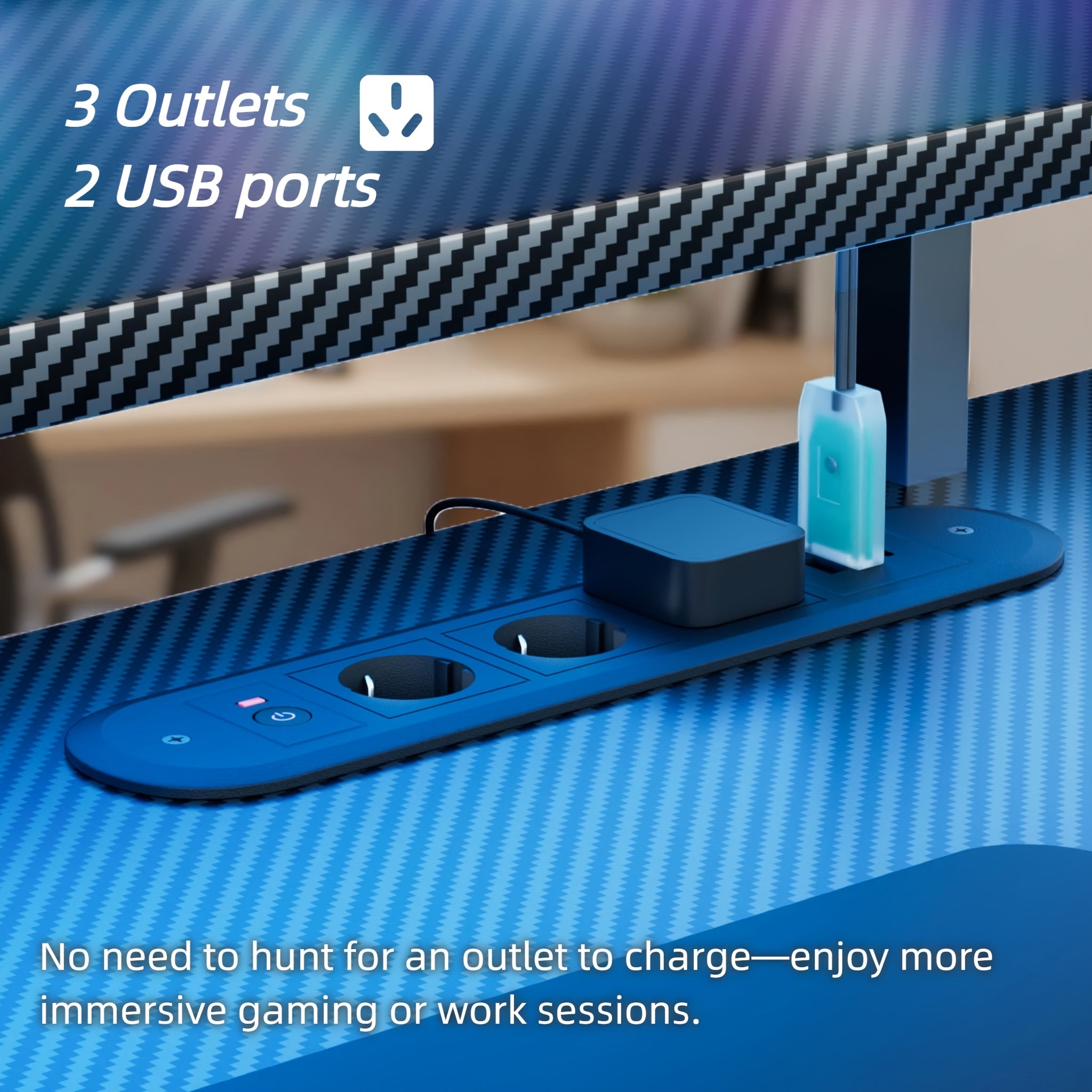 RGB LED Gaming Desk with Power Outlets And Monitor Stand, Ergonomic Computer Gaming Workstation, Large Carbon Fibre Tabletop Home Office Desk with Cup Holder And Headphone Hook, Black, Workstation Setup, Ergonomic Workspace,