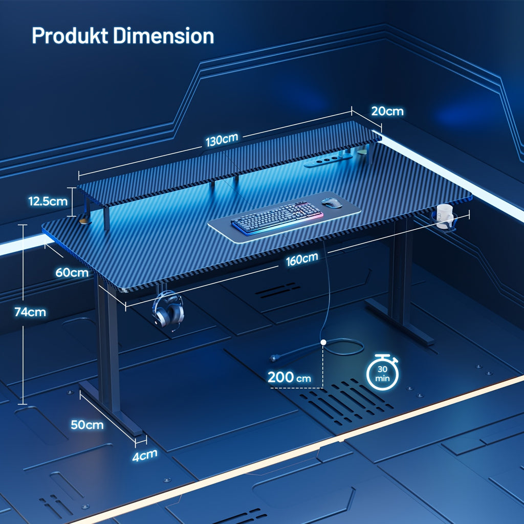 Escritorio de oficina con tomas de corriente y soporte para monitor, 3 tamaños de escritorios gaming para casa/oficina, diseño de dos patas, gancho para auriculares y portavasos, para teletrabajadores.