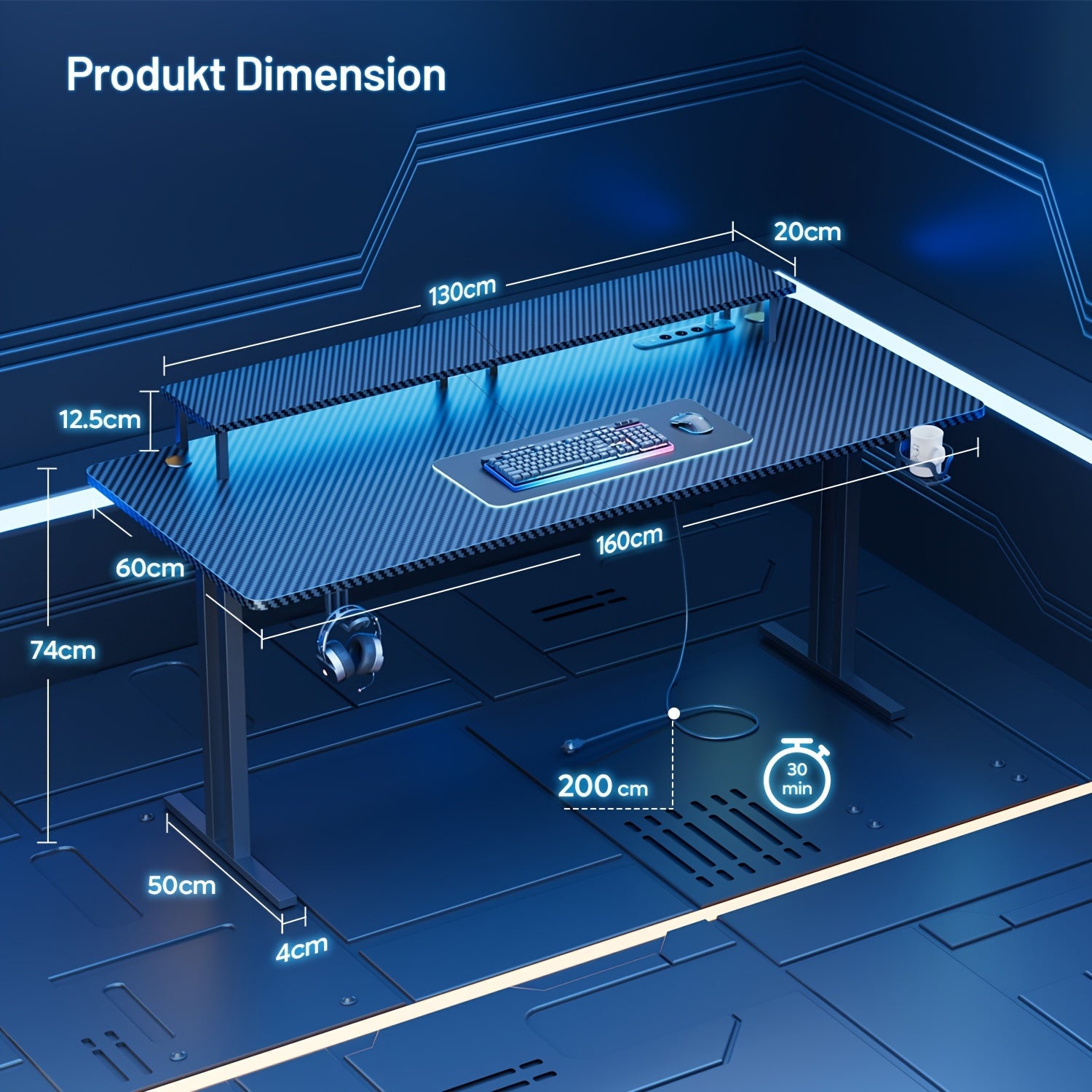 Escritorio de oficina con tomas de corriente y soporte para monitor, 3 tamaños de escritorios gaming para casa/oficina, diseño de dos patas, gancho para auriculares y portavasos, para teletrabajadores.