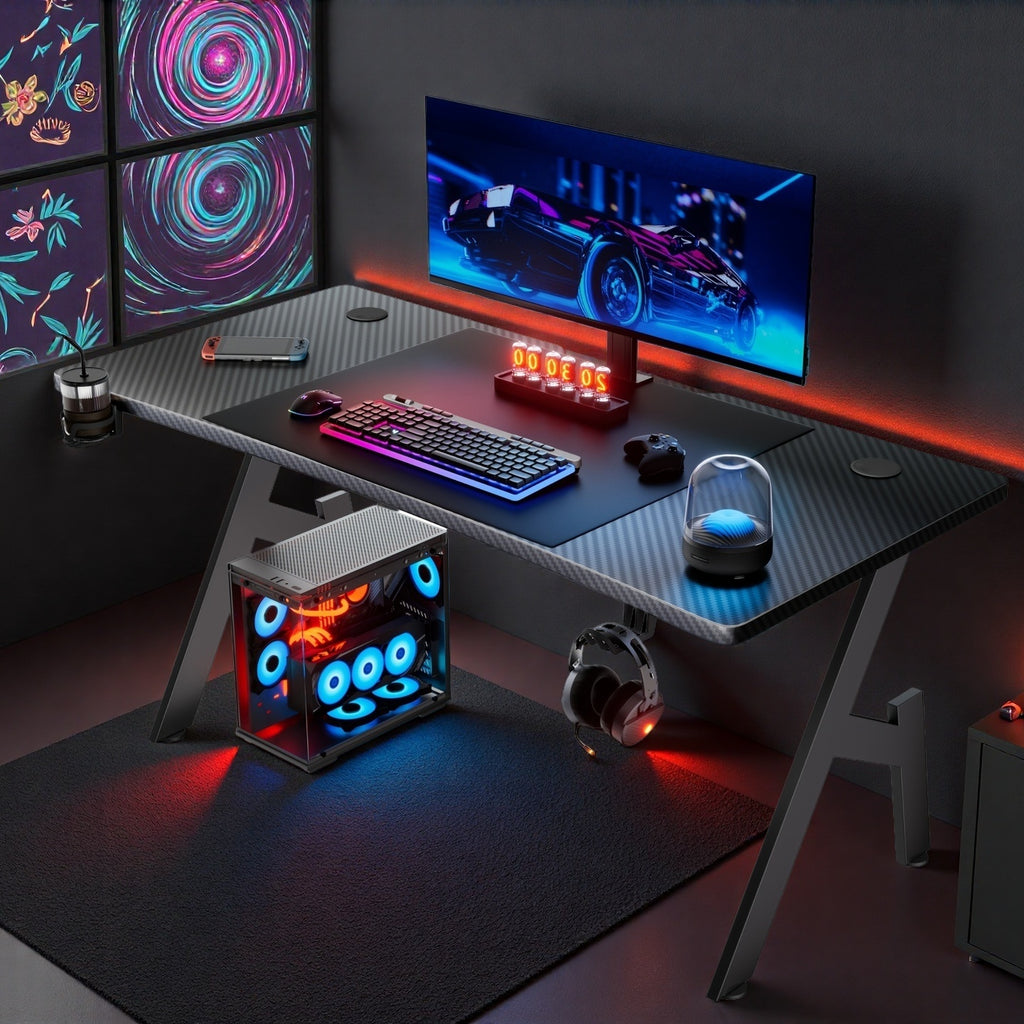 47-inch Large Gaming Desk with Cable Management System, Ergonomic Carbon Fiber Surface, Cup Holder, Headphone Hook & Mouse Pad - Heavy-Duty Metal Frame & Wood Back, Spacious Workstation for Home Office, PC Gaming, Esports Set