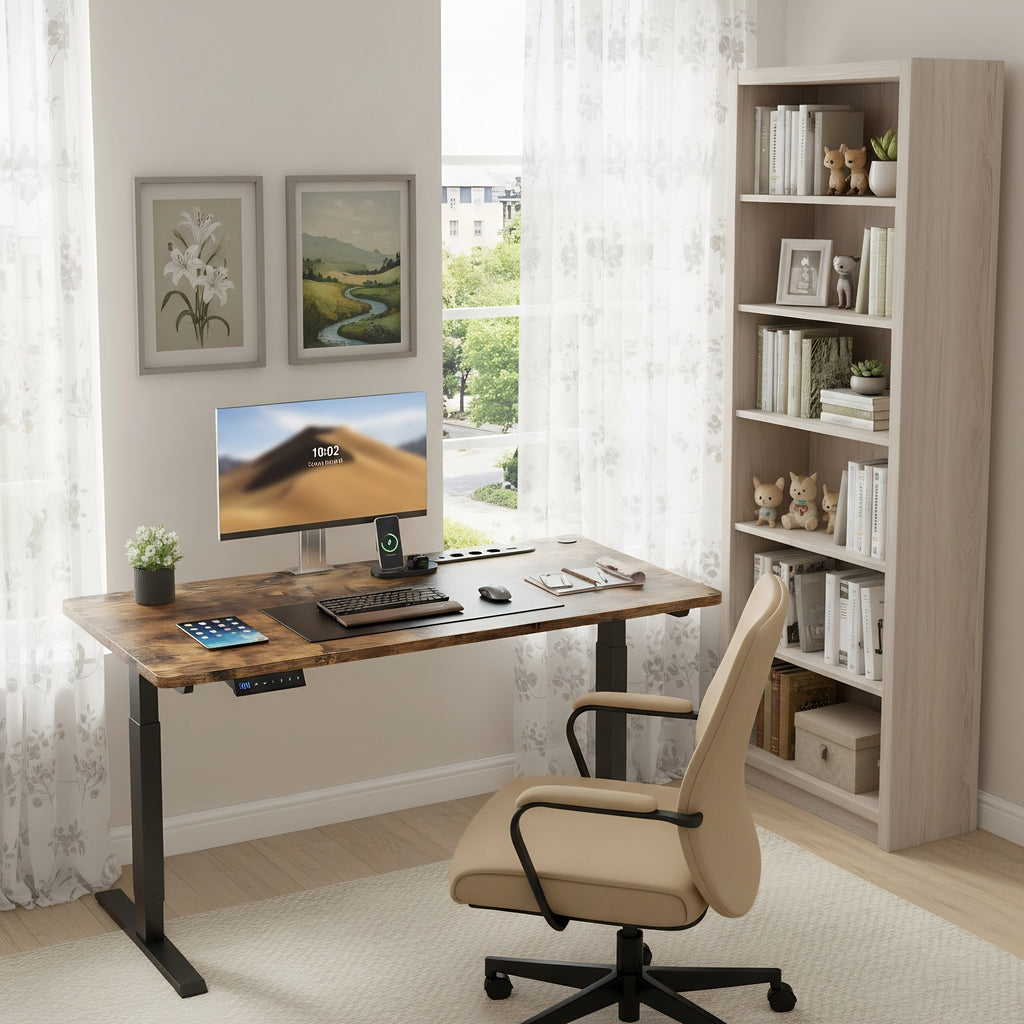 Electric Height-Adjustable Sit-Stand Desk with Built-in Power Socket & USB Port, 3-Memory Presets, Quiet Motor (Under 50dB), Wide Two-Panel Desktop, Heavy-Duty T-Leg Design, Overheat & -Crush - Home Office Computer Desk