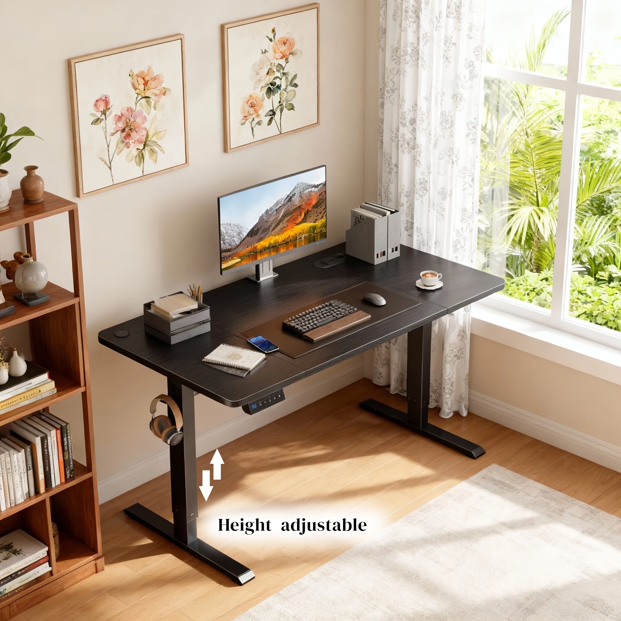 Electric Height-Adjustable Sit-Stand Desk with Built-in Power Socket & USB Port, 3-Memory Presets, Quiet Motor (Under 50dB), Wide Two-Panel Desktop, Heavy-Duty T-Leg Design, Overheat & -Crush - Home Office Computer Desk