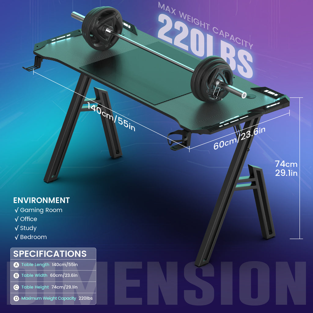 BayernLive Gaming Desk - Large Computer Desk with Carbon Fiber-like top, Heavy-Duty A-Frame Legs, Ergonomic Height Adjustment, Cable Management System, Cup Holder & Headphone slot - Available in 3 Sizes (120x60/140x60/160x60)