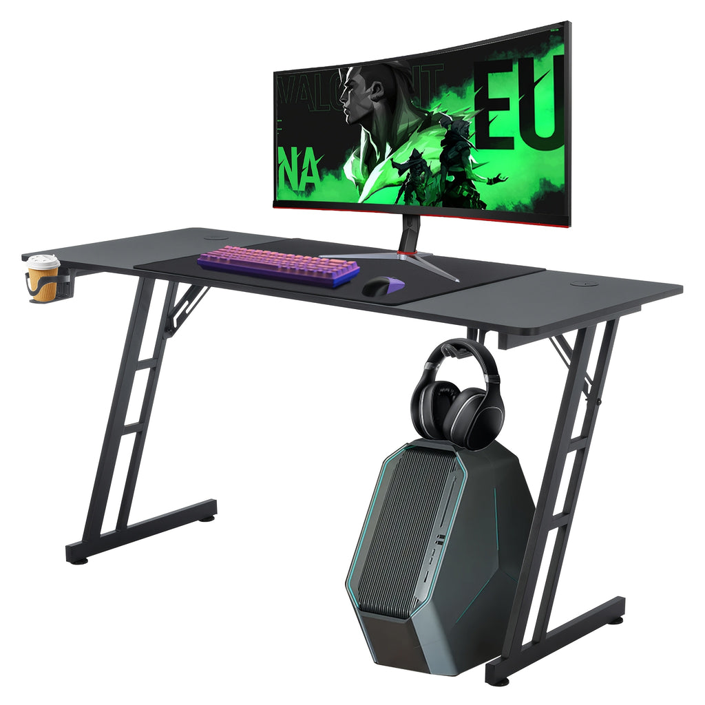 Ergonomic Height-Adjustable Gaming Desk with Carbon Fiber Surface, Cable Management Holes, Headphone Holder & Cup Cup Holder - Durable Plastic Computer Desk for PC Gamers & Home Office, Gaming Desk Accessories, Modern Gaming