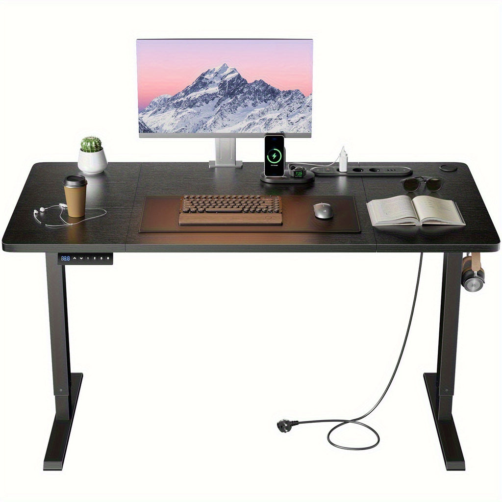 Electric Height-Adjustable Sit-Stand Desk with Built-in Power Socket & USB Port, 3-Memory Presets, Quiet Motor (Under 50dB), Wide Two-Panel Desktop, Heavy-Duty T-Leg Design, Overheat & -Crush - Home Office Computer Desk