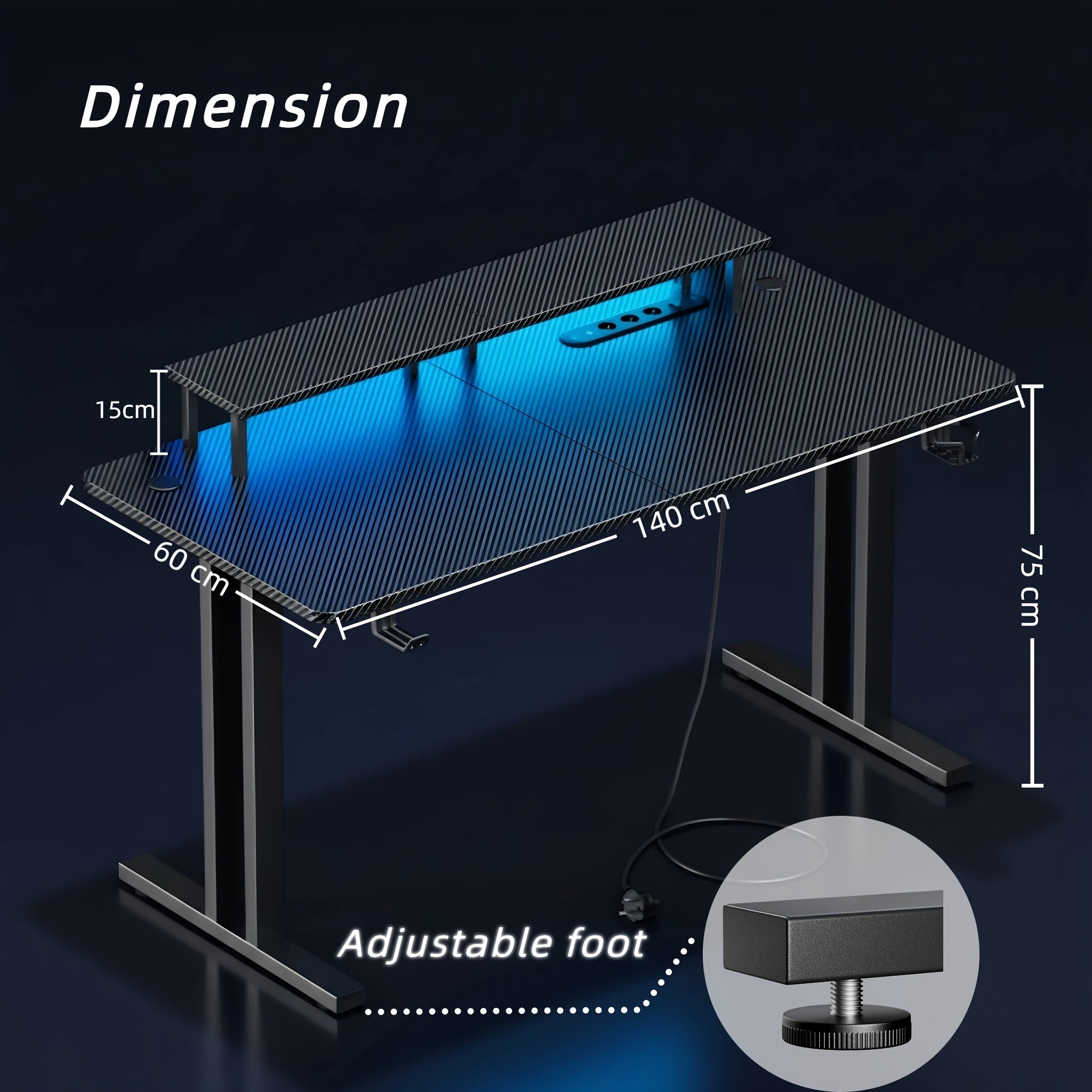 RGB LED Gaming Desk with Power Outlets And Monitor Stand, Ergonomic Computer Gaming Workstation, Large Carbon Fibre Tabletop Home Office Desk with Cup Holder And Headphone Hook, Black, Workstation Setup, Ergonomic Workspace,
