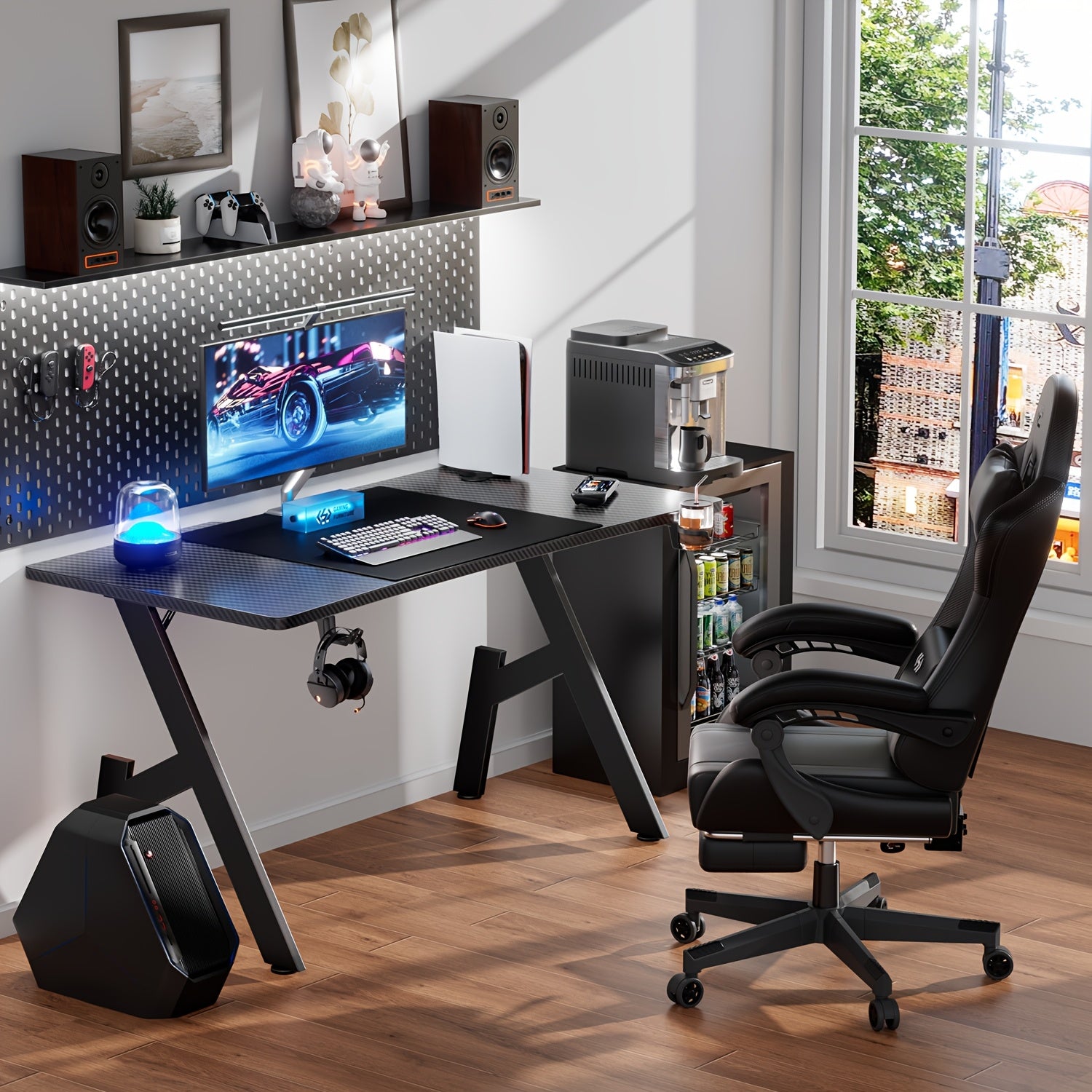 Gaming Table, Ergonomic Carbon Fiber Gamer Table, 120/140cm Computer Table with Cup Holder And Headphone Hook, Office Desk for Study, Gaming And Work, Black, Holiday Gifts, Halloween Gift