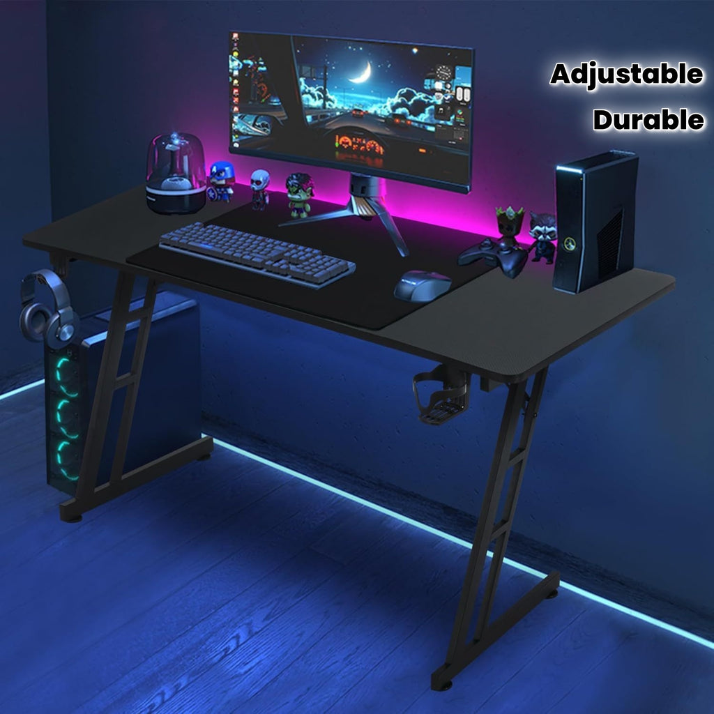 Ergonomic Height-Adjustable Gaming Desk with Carbon Fiber Surface, Cable Management Holes, Headphone Holder & Cup Cup Holder - Durable Plastic Computer Desk for PC Gamers & Home Office, Gaming Desk Accessories, Modern Gaming