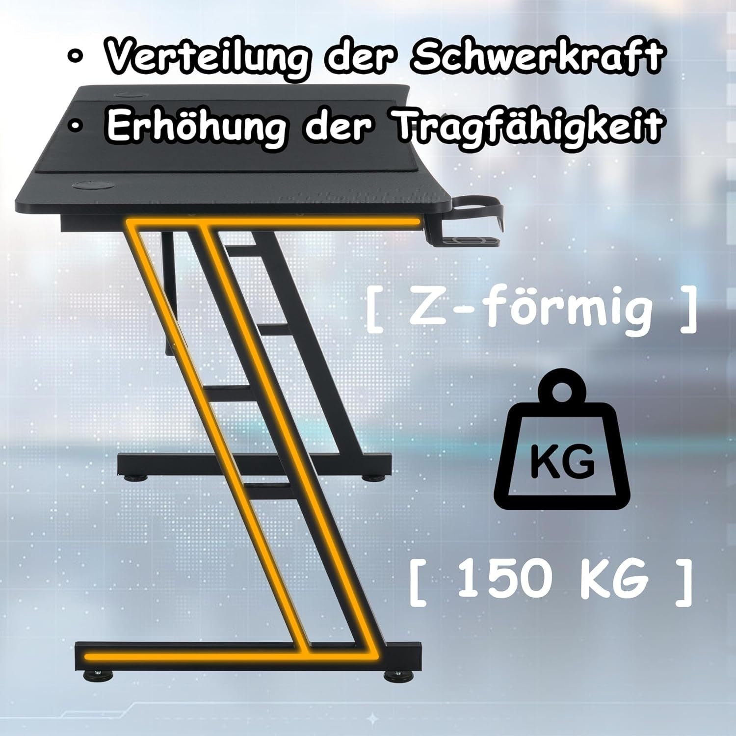 Ergonomic Height-Adjustable Gaming Desk with Carbon Fiber Surface, Cable Management Holes, Headphone Holder & Cup Cup Holder - Durable Plastic Computer Desk for PC Gamers & Home Office, Gaming Desk Accessories, Modern Gaming