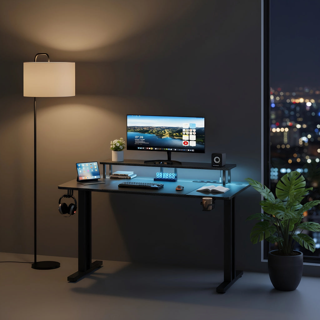 RGB LED Gaming Desk with Power Outlets And Monitor Stand, Ergonomic Computer Gaming Workstation, Large Carbon Fibre Tabletop Home Office Desk with Cup Holder And Headphone Hook, Black, Workstation Setup, Ergonomic Workspace,