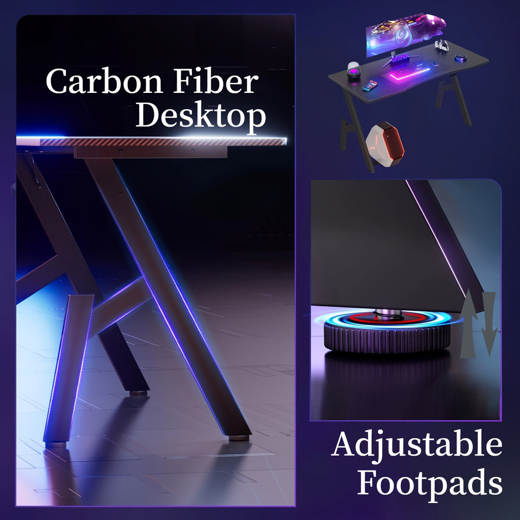 Escritorio de oficina con patas en forma de A, con revestimiento de fibra de carbono, para videojuegos con gancho para auriculares y portavasos, el regalo perfecto para tu novio, ergonómico, de estudio, moderno y elegante.