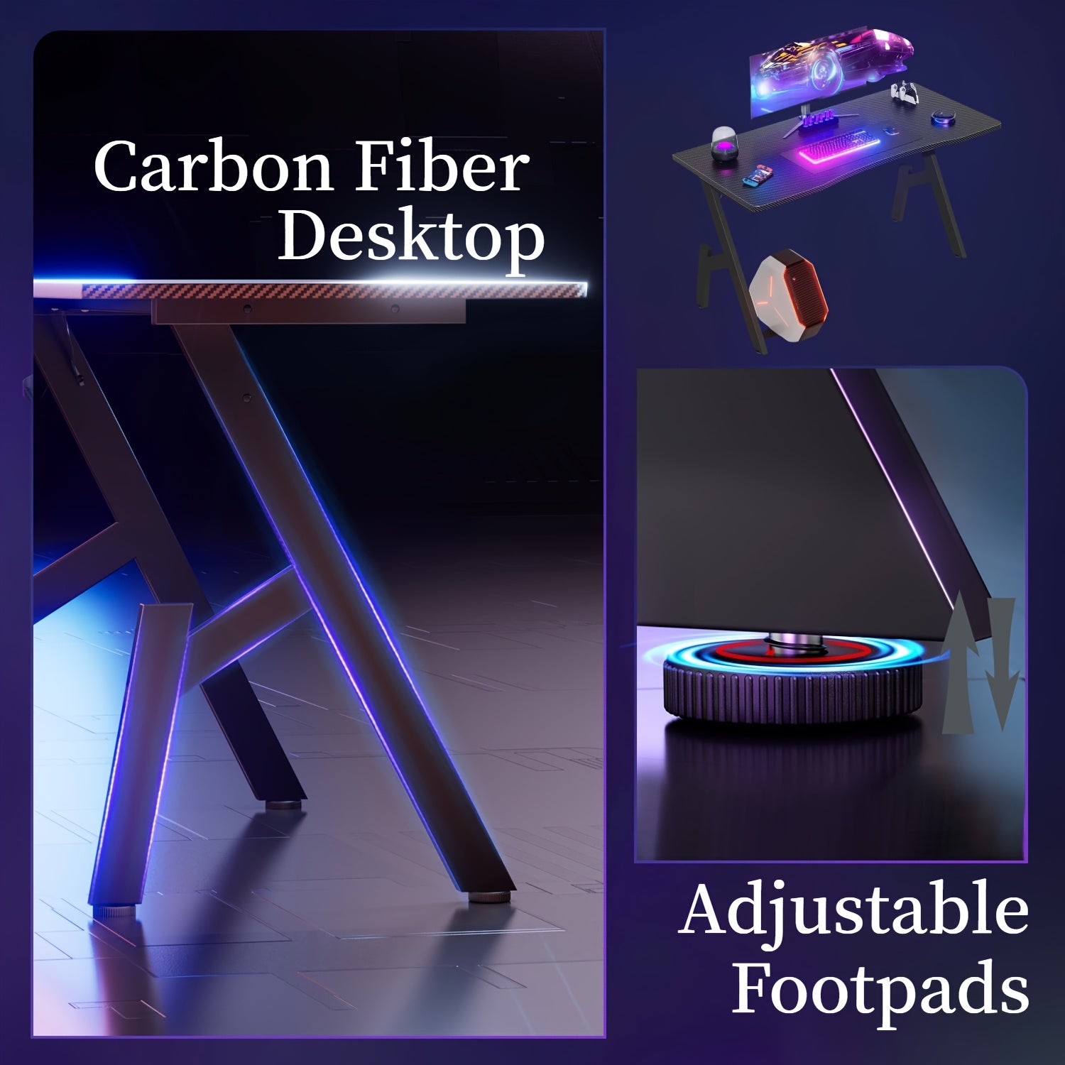 Escritorio de oficina con patas en forma de A, con revestimiento de fibra de carbono, para videojuegos con gancho para auriculares y portavasos, el regalo perfecto para tu novio, ergonómico, de estudio, moderno y elegante.