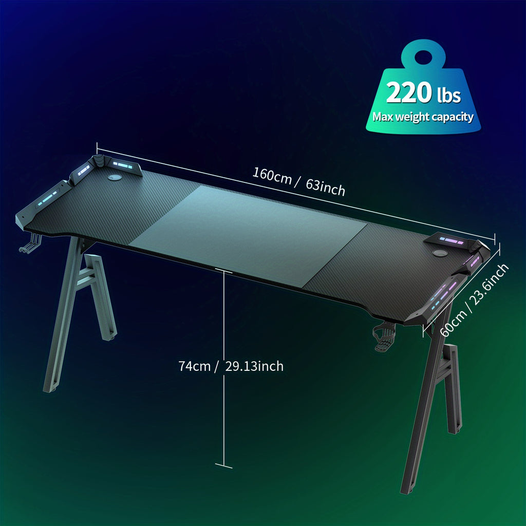 BayernLive Gaming Desk - Large Computer Desk with Carbon Fiber-like top, Heavy-Duty A-Frame Legs, Ergonomic Height Adjustment, Cable Management System, Cup Holder & Headphone slot - Available in 3 Sizes (120x60/140x60/160x60)