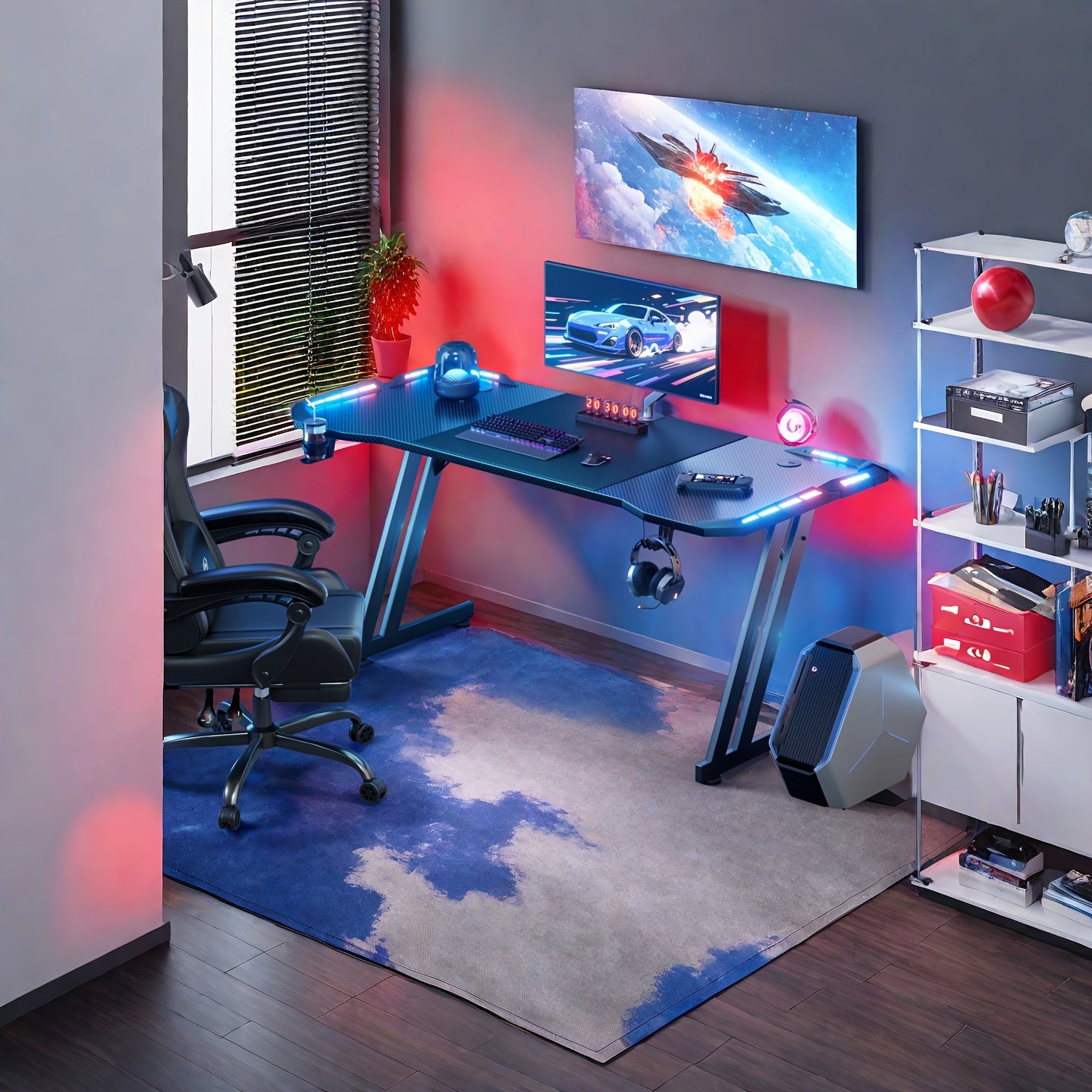 Furnishia 119.38/139.7/160.02 cm Large Z-Shaped Gaming Desk with Carbon Fiber Tabletop, RGB LED Lighting, Oversized Mouse Pad & Cup Holder - Heavy-Duty Computer Desk with Headphone Hook, Spacious Workstation for Home Office,