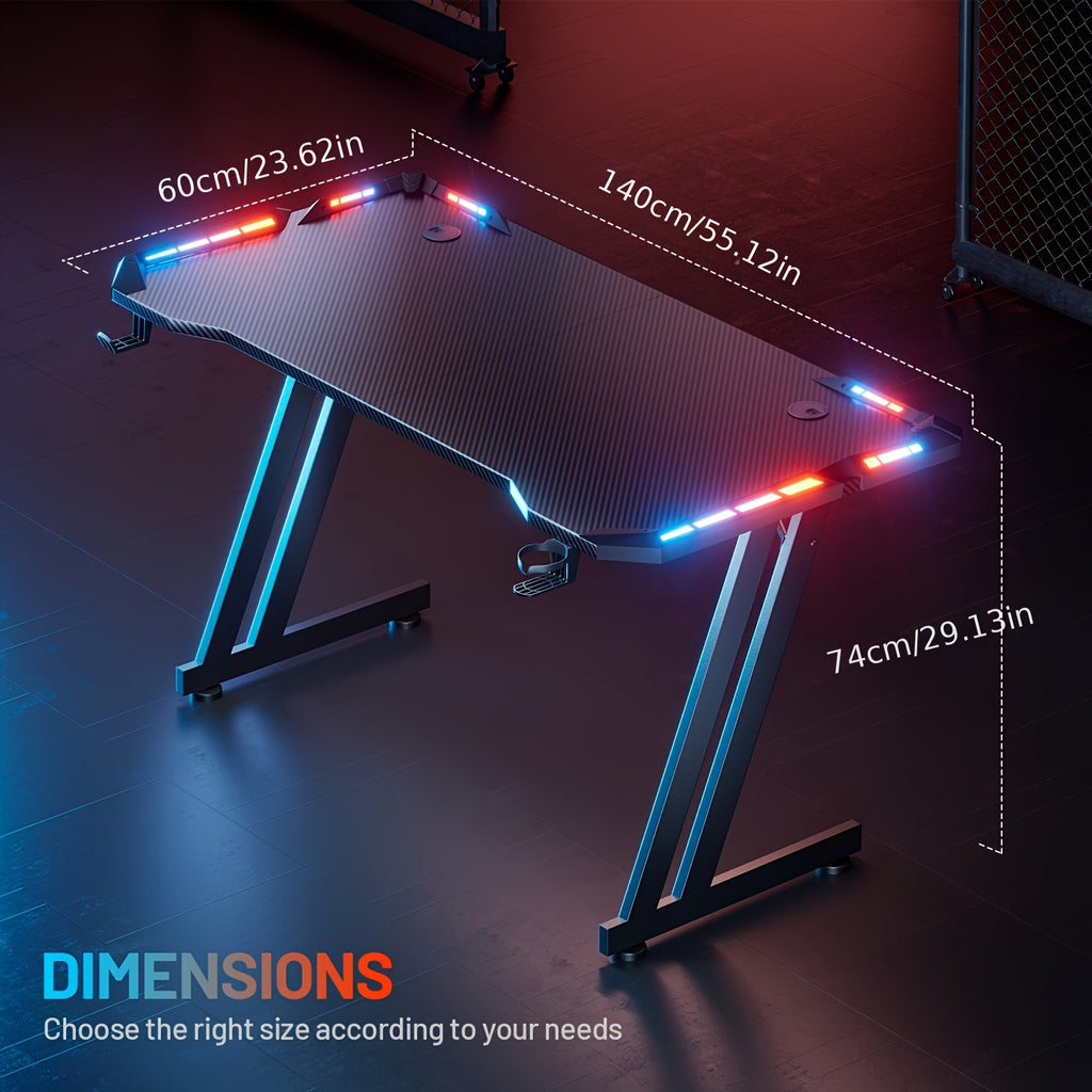 Furnishia 119.38/139.7/160.02 cm Large Z-Shaped Gaming Desk with Carbon Fiber Tabletop, RGB LED Lighting, Oversized Mouse Pad & Cup Holder - Heavy-Duty Computer Desk with Headphone Hook, Spacious Workstation for Home Office,