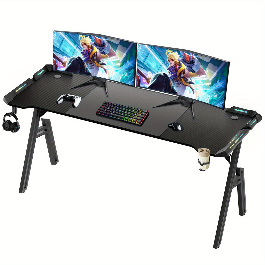 BayernLive Gaming Desk - Large Computer Desk with Carbon Fiber-like top, Heavy-Duty A-Frame Legs, Ergonomic Height Adjustment, Cable Management System, Cup Holder & Headphone slot - Available in 3 Sizes (120x60/140x60/160x60)