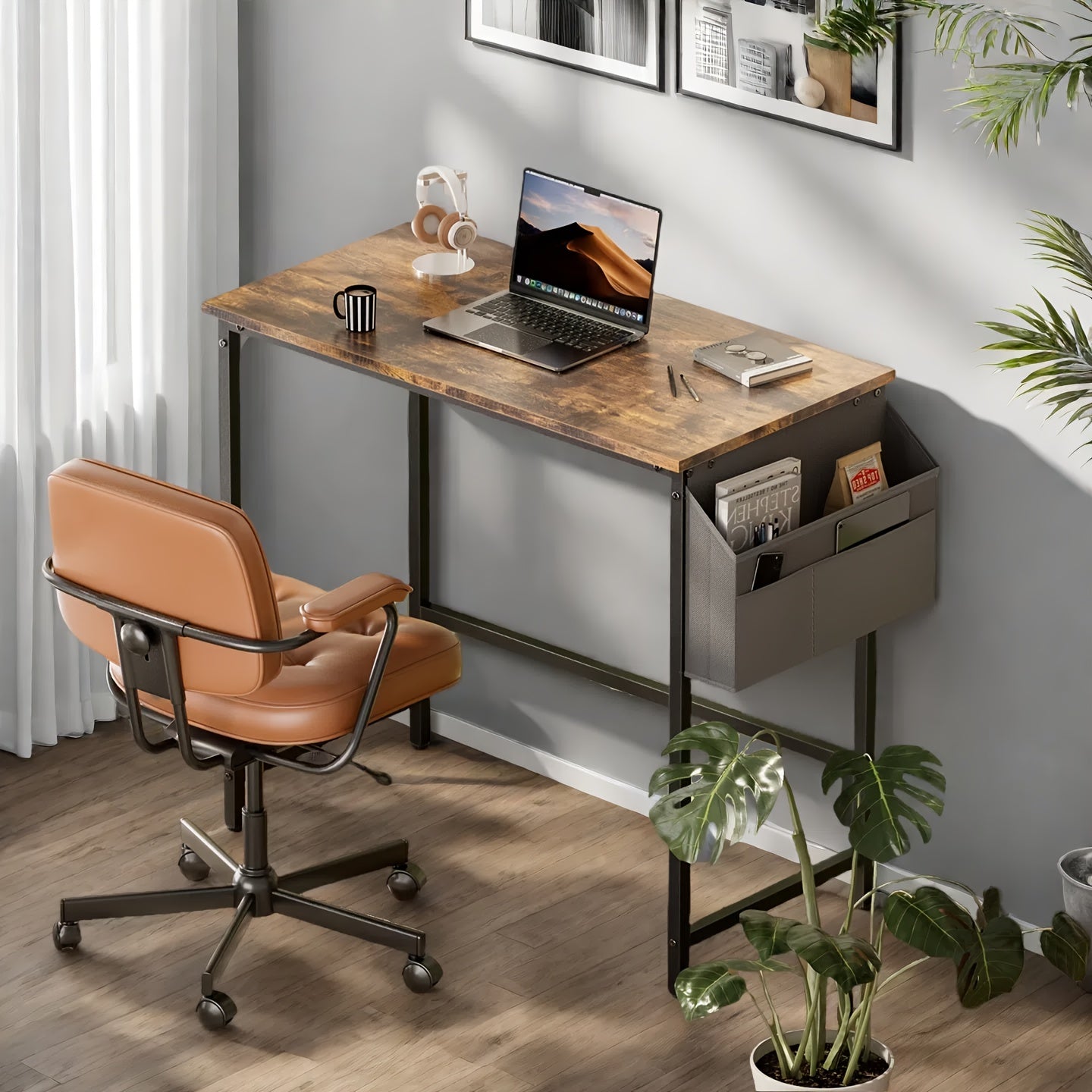 Escritorio de computadora moderno y compacto de 32/40 pulgadas con reposapiés ajustables y bolsa de almacenamiento. Estación de trabajo independiente de madera, acabado pulido, compacto para el hogar y la oficina.