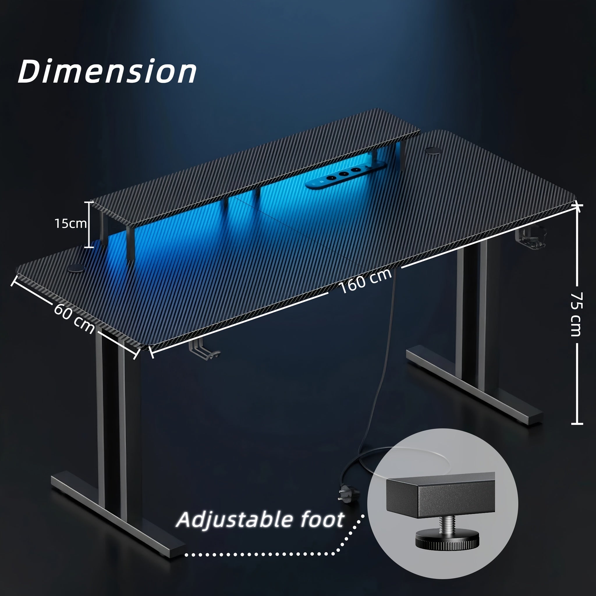 RGB LED Gaming Desk with Power Outlets And Monitor Stand, Ergonomic Computer Gaming Workstation, Large Carbon Fibre Tabletop Home Office Desk with Cup Holder And Headphone Hook, Black, Workstation Setup, Ergonomic Workspace,