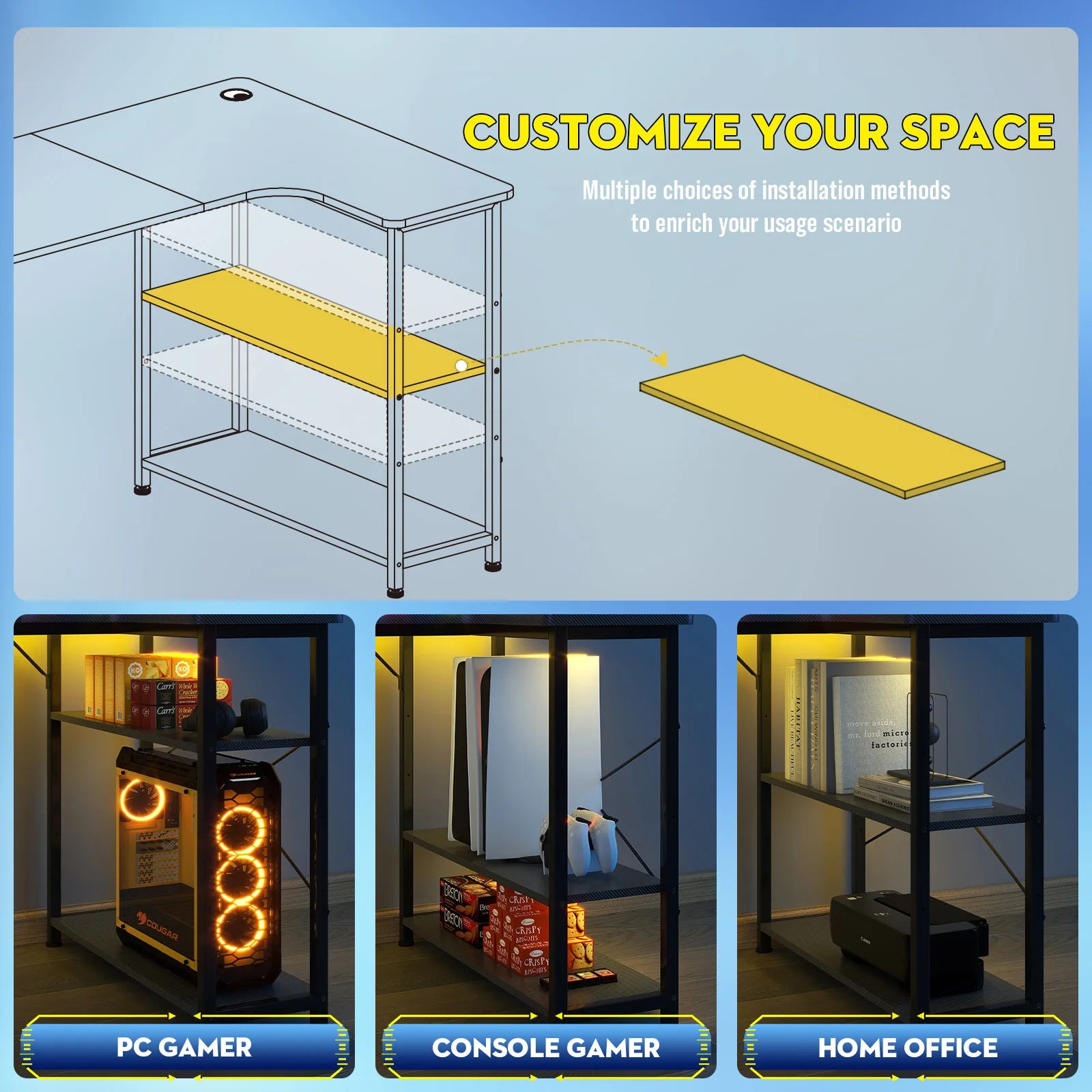 COMHOMA Escritorio Mesa de juego con estante de 100 cm Mesa de computadora en forma de L Mesa de PC para oficina Oficina en casa