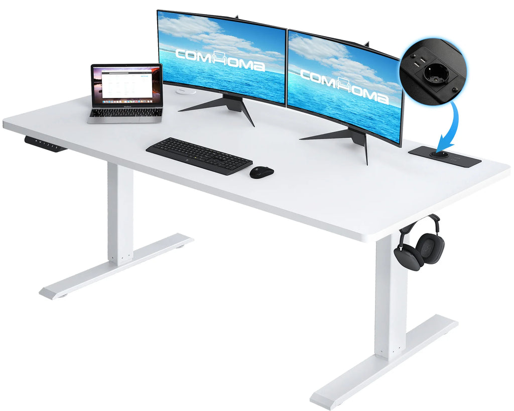 Mesa de escritura de altura ajustable COMHOMA con conector USB y gancho Mesa de computadora ajustable eléctricamente Mesa de asiento con soporte