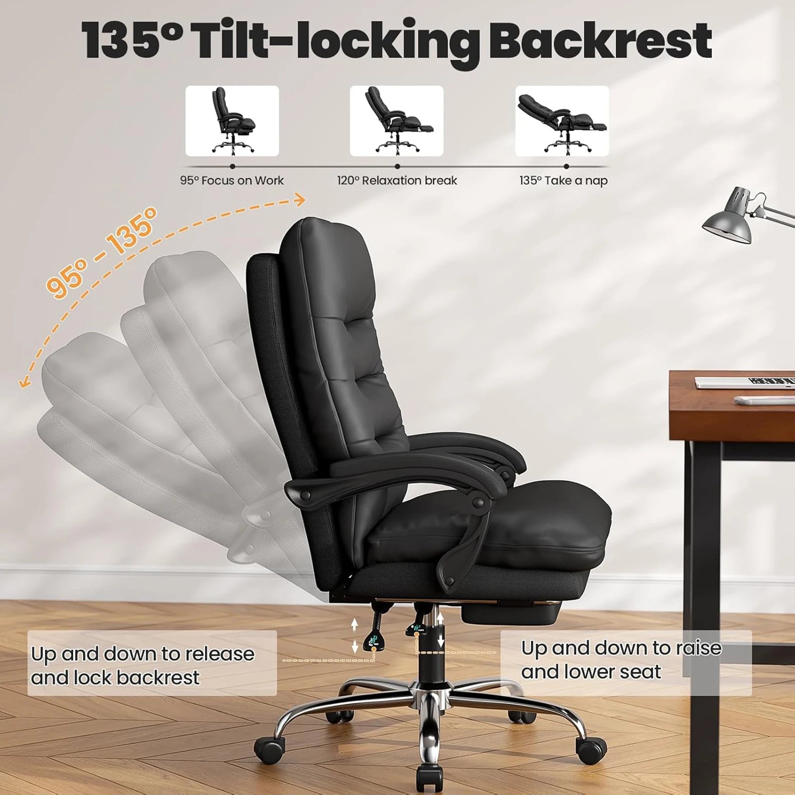 Silla ejecutiva de oficina grande y alta, reclinable ergonómica con reposapiés