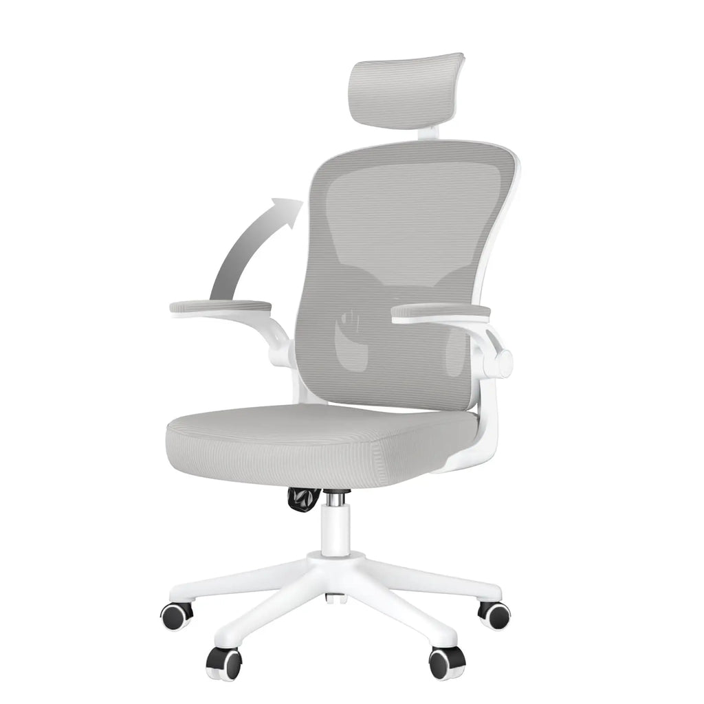 Silla de oficina ergonómica con funda de malla transpirable, reposabrazos ajustables, reposacabezas, soporte lumbar y giro de 360°.